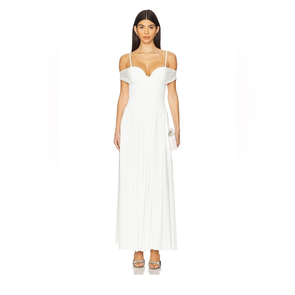 SIMKHAI Amarantha Pleated Jersey Off-Shoulder Dress WHITE jonathan size small S